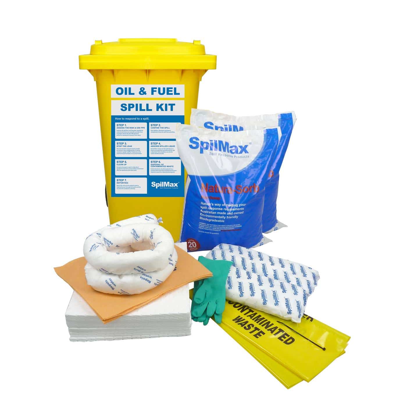 SpilMax 140L Oil & Fuel Workplace Spill Kit with contents showing