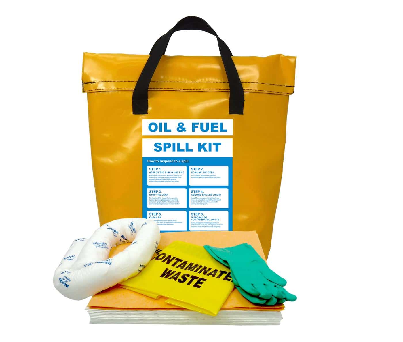 SpilMax 25L Oil & Fuel Vehicle Spill Kit Bag with contents showing