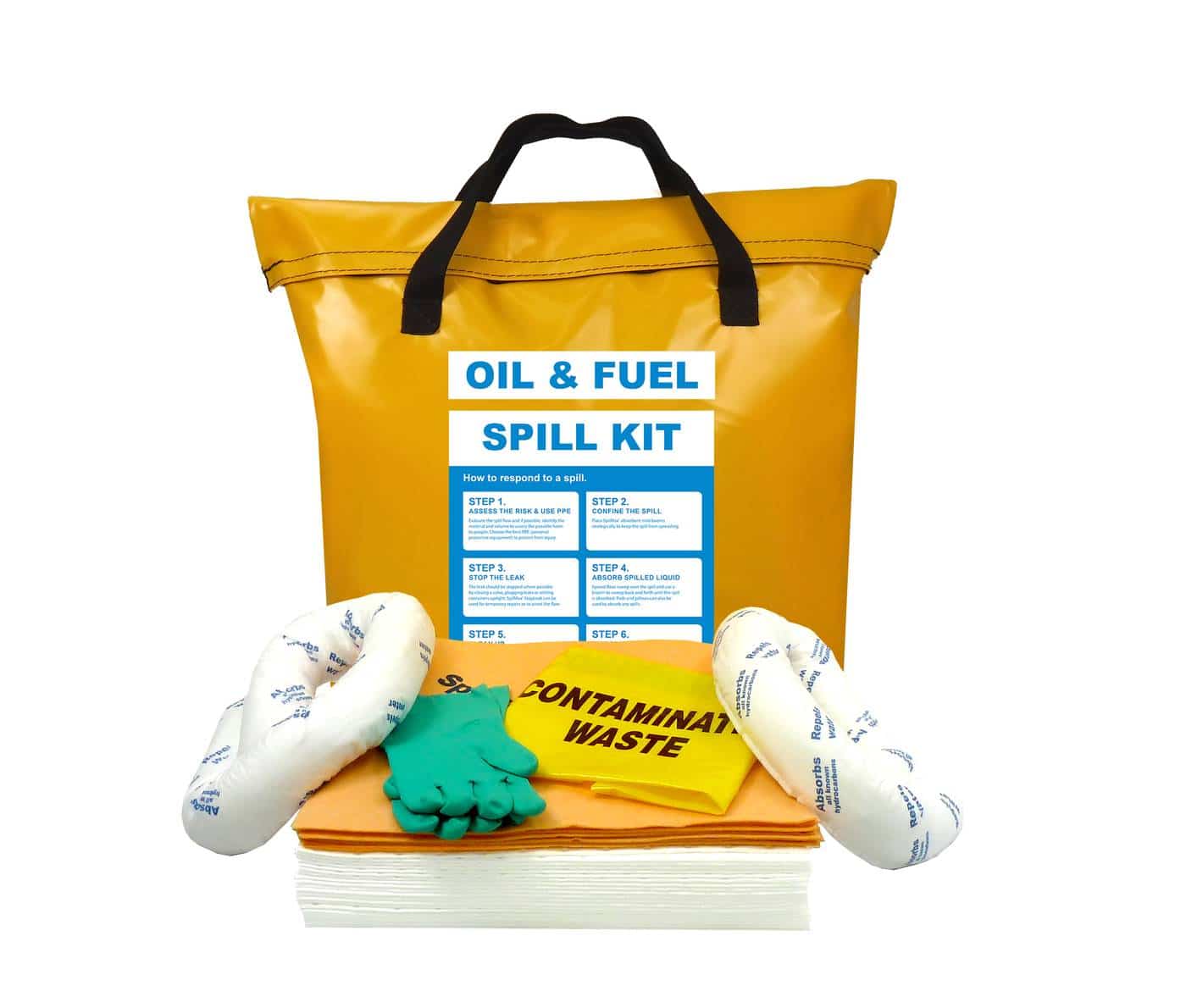 SpilMax 50L Oil & Fuel Vehicle Spill Kit Bag with contents showing