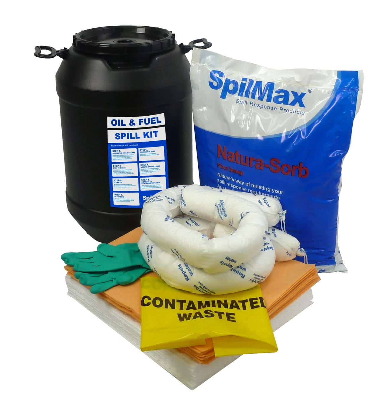 SpilMax 50L Oil & Fuel Vehicle Spill Kit Drum with contents showing
