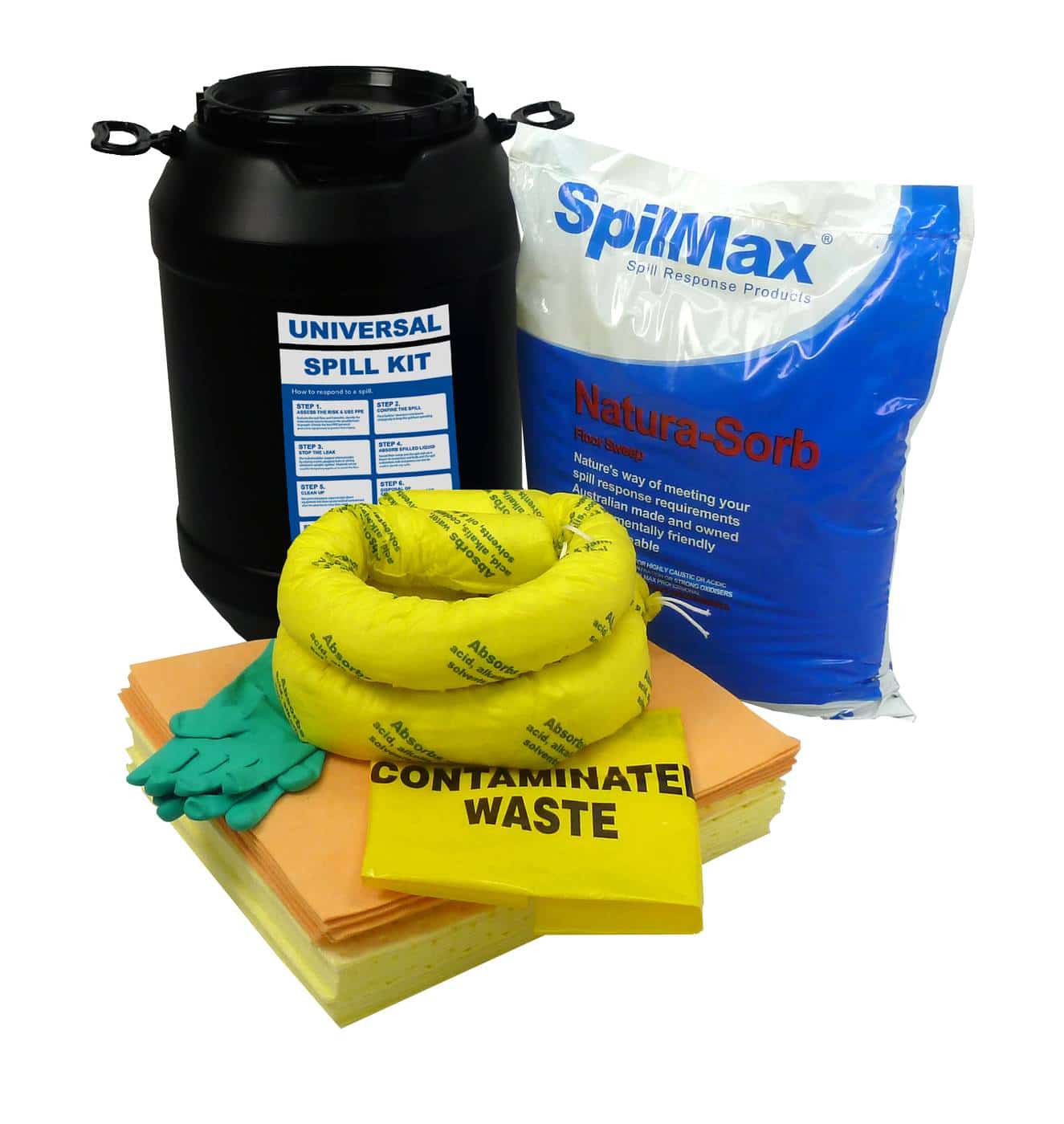 SpilMax 50L Universal Vehicle Spill Kit Drum with contents showing