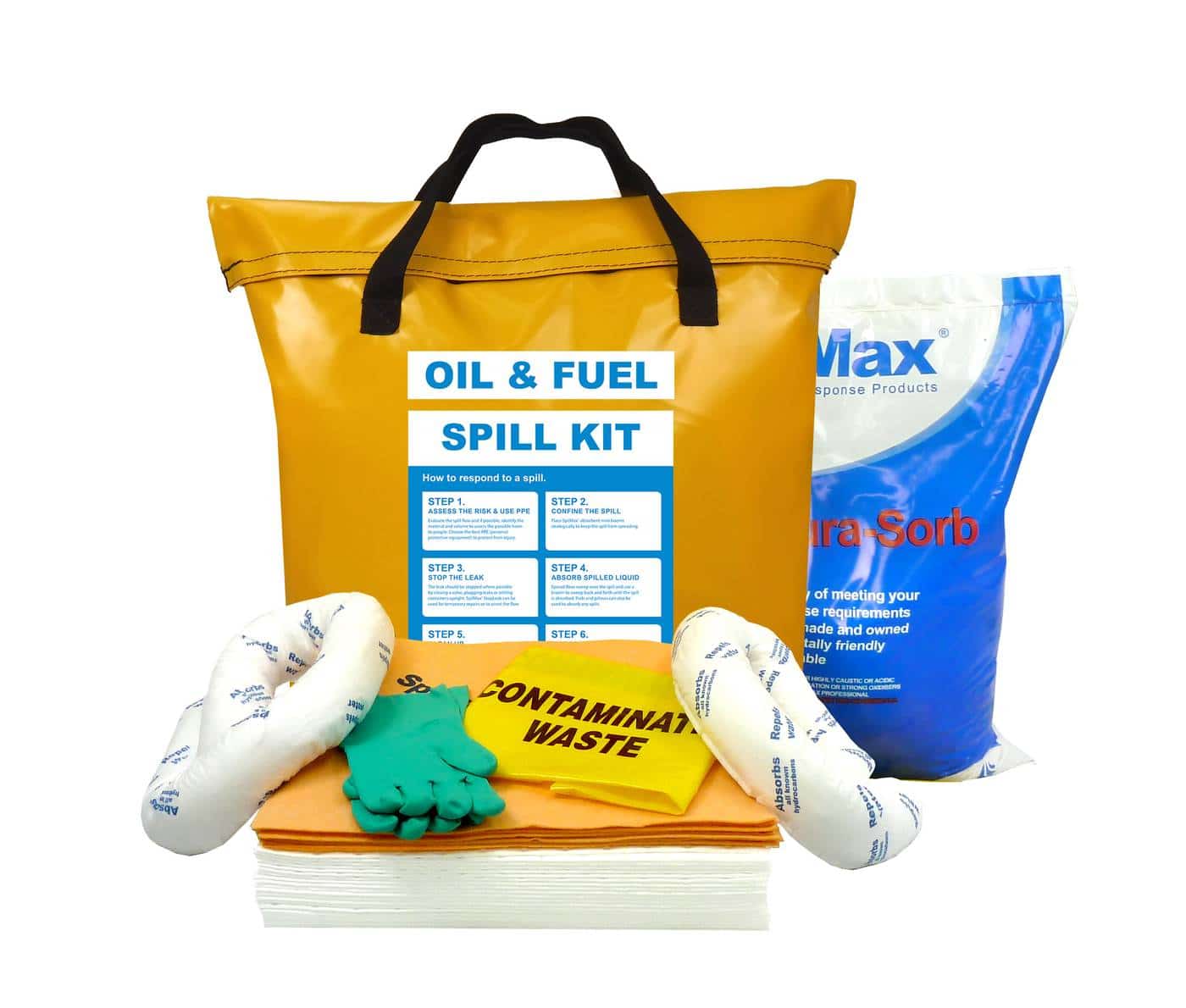 SpilMax 60L Oil & Fuel Vehicle Spill Kit Bag with contents showing