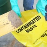 putting used floor sweep in SpilMax contaminated waste bag