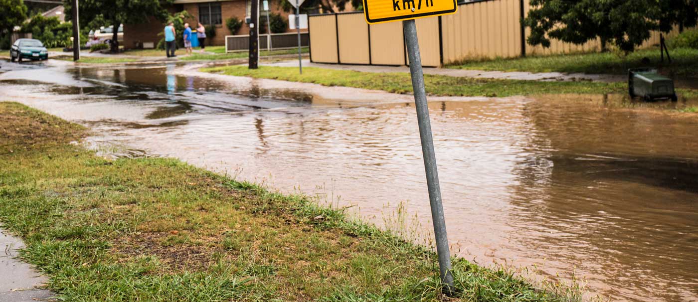 typical scenario where a flood barrier could be used - flooded strett in an Australian Neighbourhood